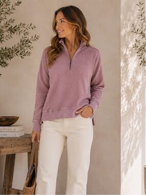 C&C California Women's Waffle Knit Quarter Zip Pullover Size Small Mauve Pink